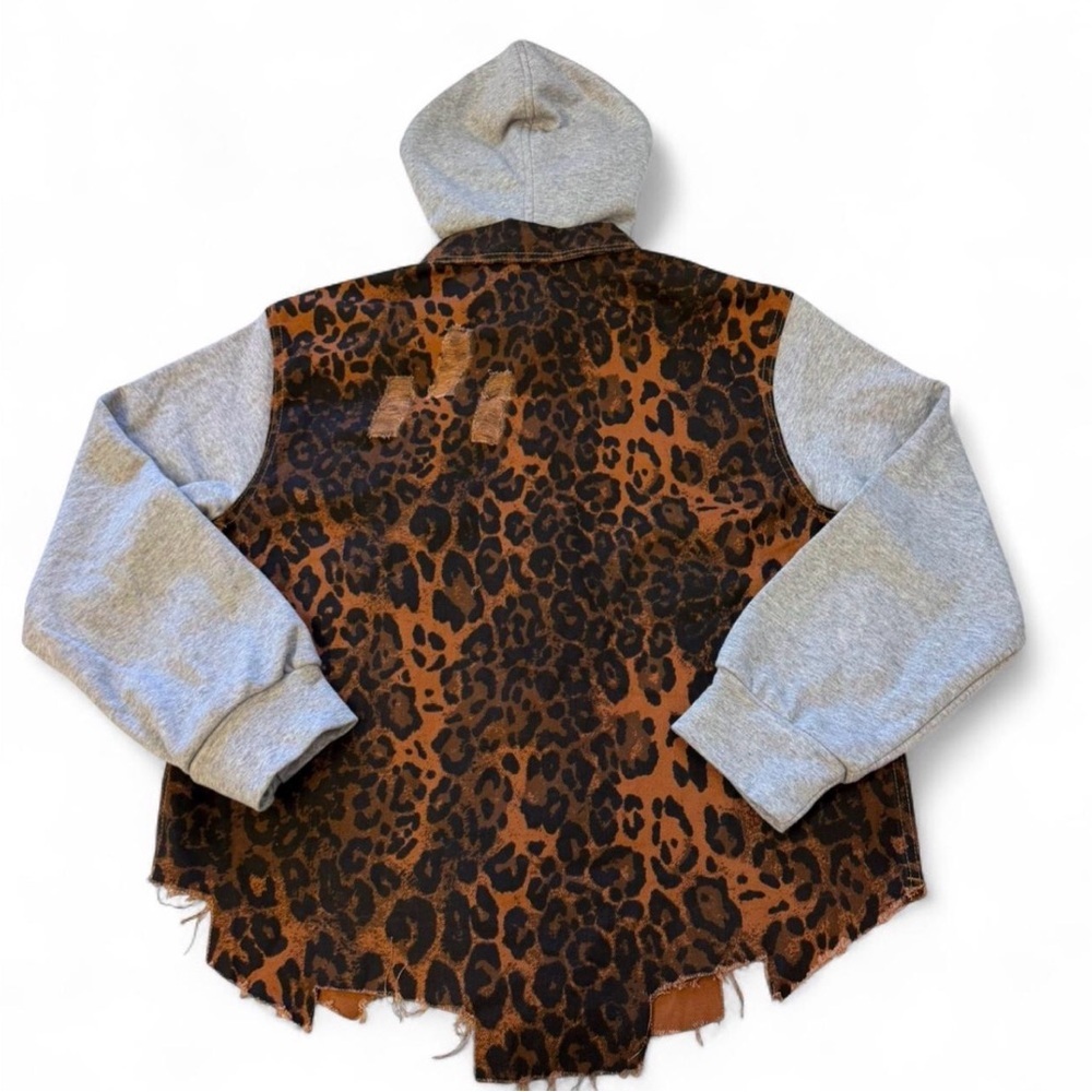 Leopard Print Hoodie Shacket Jacket Women’s Medium Boho Baddie Moto Grunge Brown - Picture 4 of 7